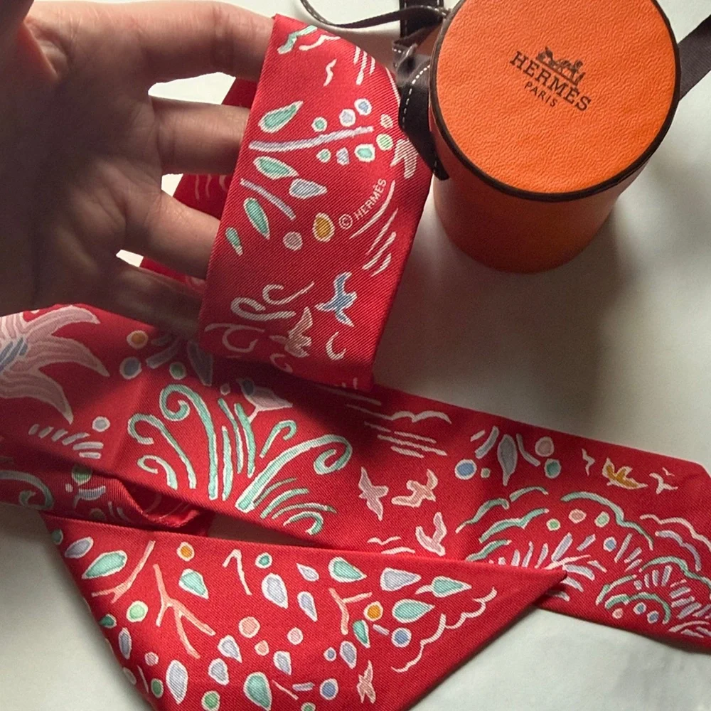 Brand New Hermes Red Silk Scarf with Blue and White Accents - Picture 6 of 8